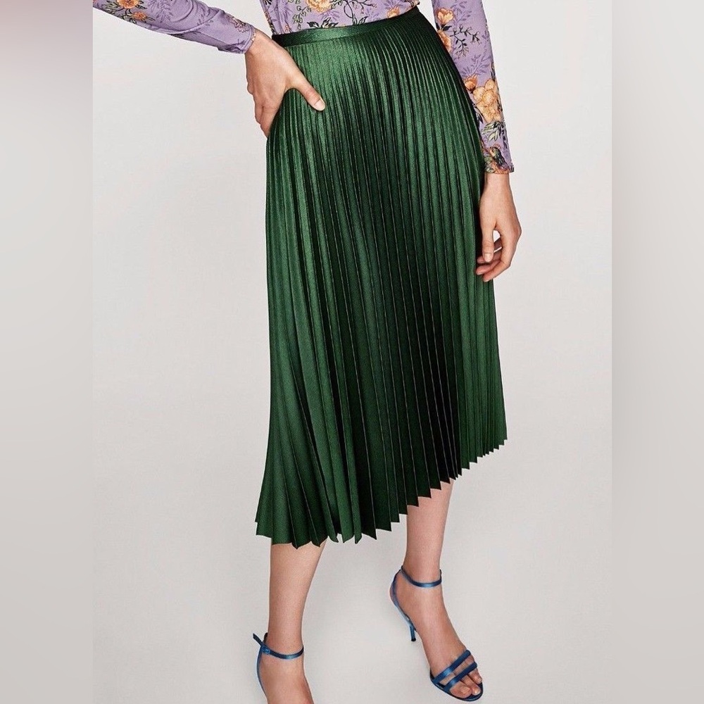 Zara Metallic Green Pleated Midi